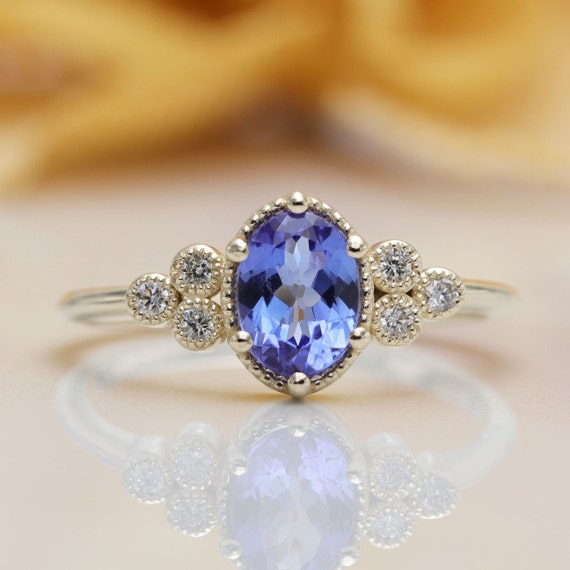 14k Gold High Quality Tanzanite Diamond Engagement Ring/Blue Gem Classic Engagement ring/Birthday Ring/Antique Tanzanite ring/Proposal Ring