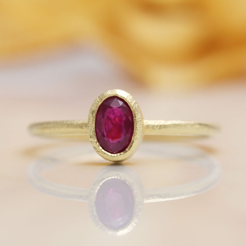 18k Gold Natural Ruby Solitaire Engagement Ring/Ruby Bezel Hammered Ring/Red Gem Engagement Ring/July Birthstone Ring/Solitaire Gold Ring image 2