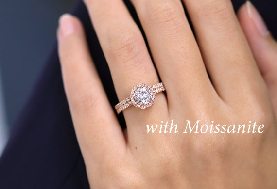14k Gold Moissanite Halo Diamond Engagement Ring Set/ Moissanite Engagement Ring Set/ 14K Yellow Gold Proposal Ring/Diamond Engagement Ring