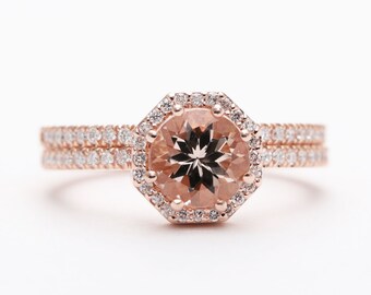 14kgold Morganite Diamond Bridal Ring Set/Rose Gold Morganite Engagement ring Set/Halo Diamond Ring Set/Engagement Wedding Set/Proposal Ring