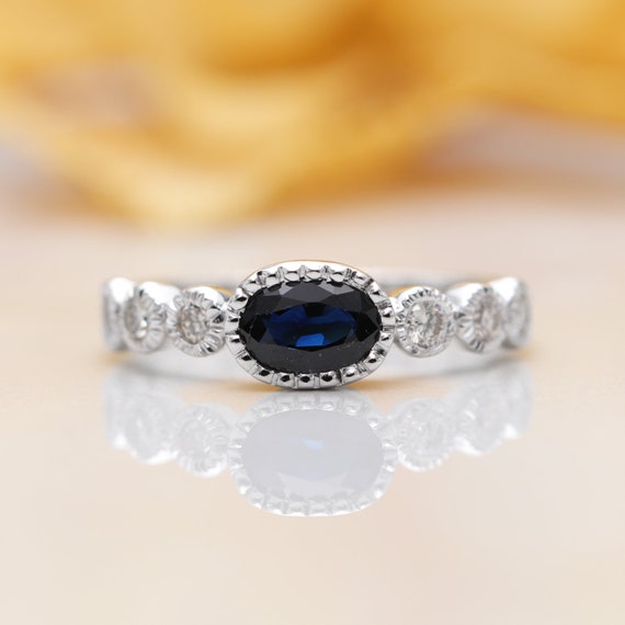 0.30Ct Blue Sapphire Diamond Engagement Ring/14k White Gold Ring/Blue Gem Ring/Promise Ring/Sapphire Engagement Ring/Oval Sapphire Gold Ring