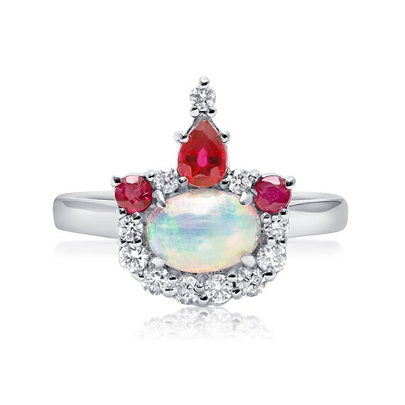 Natural Opal, Ruby & Diamond Engagement Ring/14K Gold Crown Diamond Ring/Gemstone Crown Gold Ring/Diamond Engagement Ring/Birthday Ring