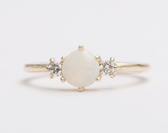 14K Gold Natural Opal Diamond Engagement Ring/Opal Engagement ring/Birthday Diamond Ring/Anniversary Gift Ring/Opal Ring/Three stone ring