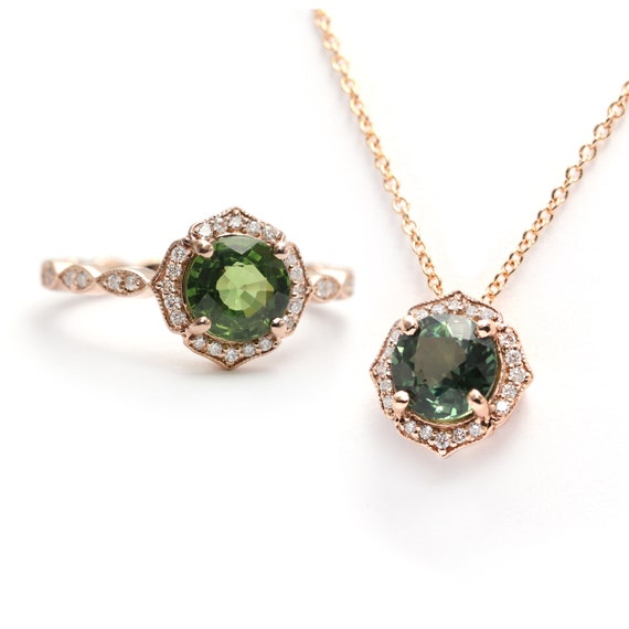 Natural Green Sapphire Floral Engagement Ring & Necklace Set/Antique Sapphire Engagement Gift /14K Rose Gold Ring and Necklace/Anniversary