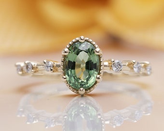 14k Gold High Quality Oval Green Sapphire Diamond Engagement Ring/Green Gem Classic Engagement ring/Birthday Ring/Antique Sapphire ring/Ring