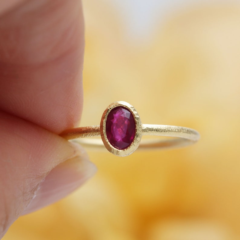 18k Gold Natural Ruby Solitaire Engagement Ring/Ruby Bezel Hammered Ring/Red Gem Engagement Ring/July Birthstone Ring/Solitaire Gold Ring image 4