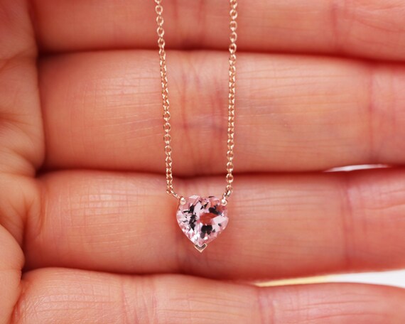 14k Gold Heart Pink Morganite Necklace/14k Gold Pink Gem Necklace/Heart Necklace/Dainty Love Pendant/Love Gift Necklace/Valentine Necklace