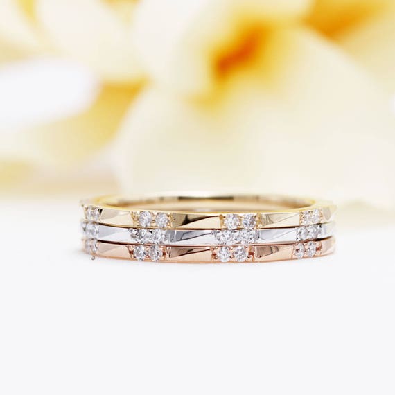 Set of 3 14K Gold Diamond Half Eternity Wedding Band/Diamond Band/Matching Band for Engagement Ring/Promise Diamond Band/Stacking Bands/Ring