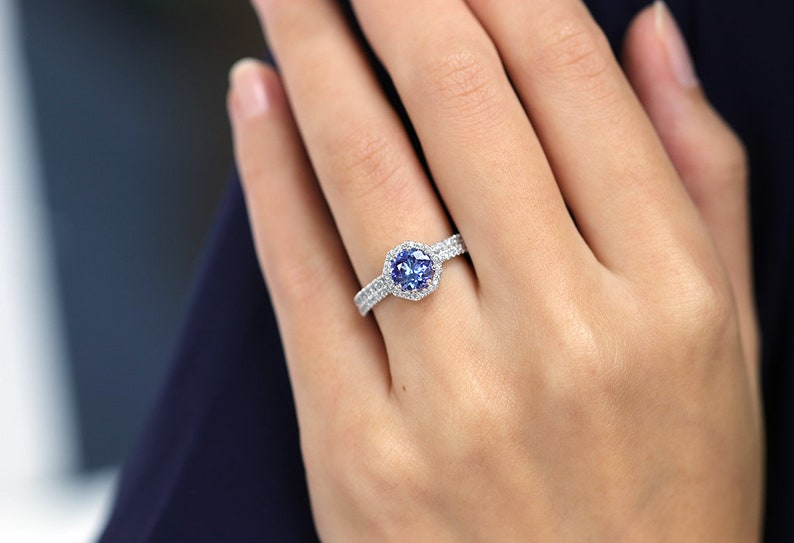 14k gold 1 CT Tanzanite Diamond Bridal Ring Set/Rose Gold Tanzanite Engagement ring Set/Halo Diamond Ring Set/Proposal Ring/Bridal Ring Set image 5