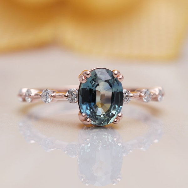 14K goud hoge kwaliteit ovale teal sapphire diamond verlovingsring / blauw groen gem klassieke verlovingsring / verjaardag diamanten ring / saffier ring