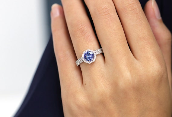 14k gold 1 CT Tanzanite Diamond Bridal Ring Set/Rose Gold Tanzanite Engagement ring Set/Halo Diamond Ring Set/Proposal Ring/Bridal Ring Set