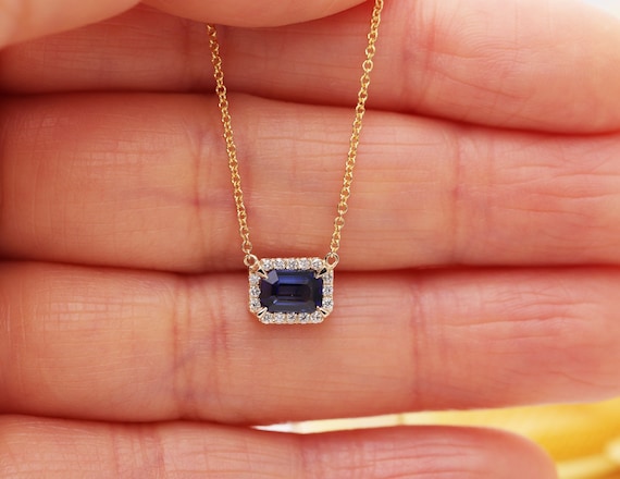 Natural Emerald Cut Blue Sapphire Diamond 14K Gold Necklace/Sapphire Necklace/Diamond Halo Necklace/Valentine Necklace/Engagement Gift/Chain