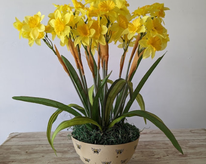 Yellow Mini Daffodils in ceramic Bee vase