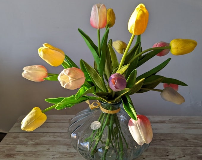 Multi- Colored Tulips in Glass Vase