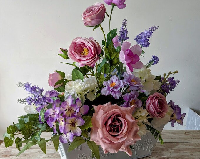 Lavender, Pink, Roses, Hydrangea Garden Centerpiece
