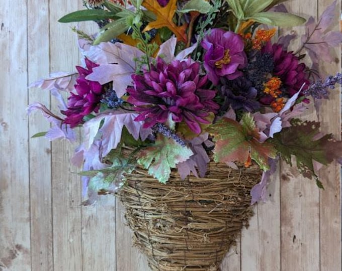 Purple Blossoms in Fall Grapevine Horn-Shaped Hanging Basket