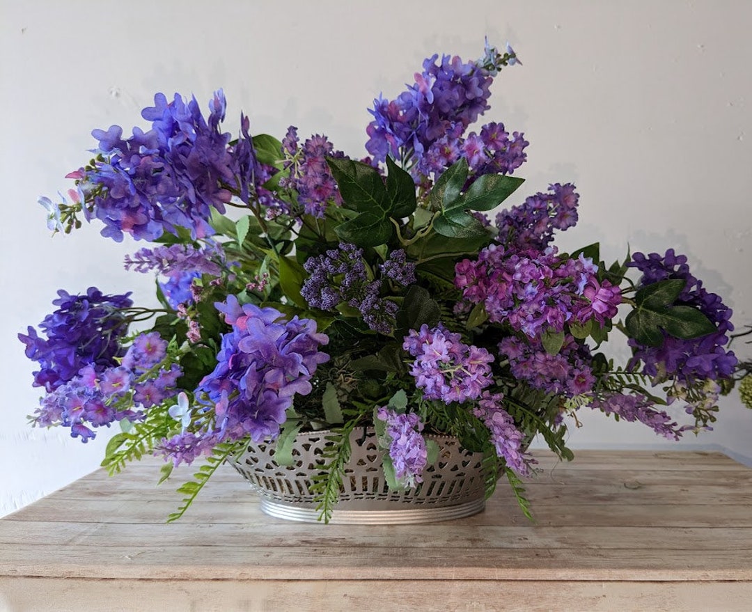 Purple and Lavender Lilacs in Pierced Silver Vase Centerpiece Etsy