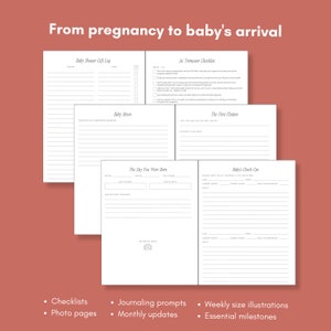 May include: A set of white paper pages with text, including checklists, journaling prompts, and photo spaces. The text "From pregnancy to baby's arrival" is at the top. The pages are set against a reddish-brown background.