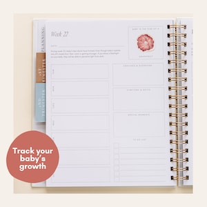 May include: A pregnancy planner with a gold spiral binding, open to a weekly spread. The page is labelled "Week 22" and includes sections for notes and a to-do list. A grapefruit illustration is shown. The cover says "Track your baby's growth."