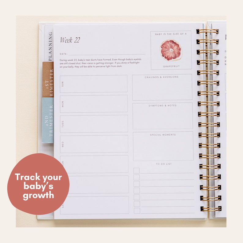 May include: A pregnancy planner with a gold spiral binding, open to a weekly spread. The page is labelled "Week 22" and includes sections for notes and a to-do list. A grapefruit illustration is shown. The cover says "Track your baby's growth."