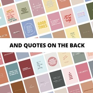 May include: A collection of colorful cards with inspirational quotes in various fonts. The cards are arranged in a grid pattern, with a white banner reading "AND QUOTES ON THE BACK". The cards feature phrases like "Dream Car" and "Make Yourself Proud".