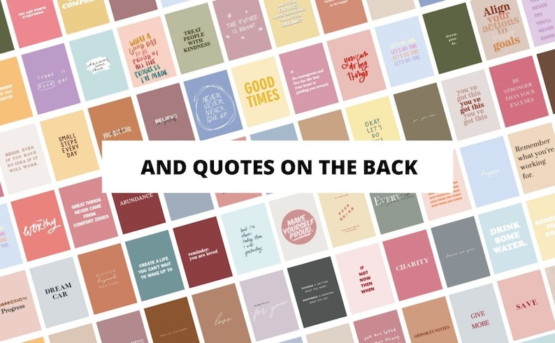 May include: A collection of colorful cards with inspirational quotes in various fonts. The cards are arranged in a grid pattern, with a white banner reading "AND QUOTES ON THE BACK". The cards feature phrases like "Dream Car" and "Make Yourself Proud".