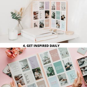 May include: A pink photo album with inspirational cards, featuring text like "Your potential to succeed is infinite" and "Create a life you can't wait to wake up to." The album is open, displaying various images and quotes.