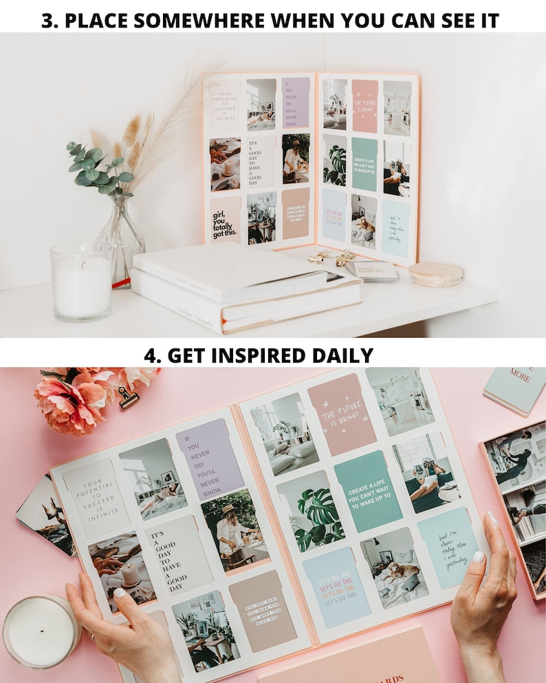 May include: A pink photo album with inspirational cards, featuring text like "Your potential to succeed is infinite" and "Create a life you can't wait to wake up to." The album is open, displaying various images and quotes.