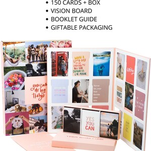 May include: A vision board set with 150 cards, a box, a booklet guide, and giftable packaging. The cards feature inspirational quotes and images. The set includes the text "YES YOU CAN" and "GOOD VIBES ONLY". The color scheme is primarily peach and white.