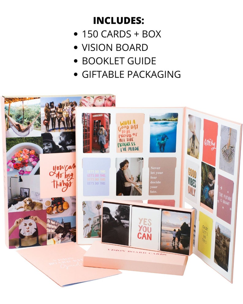 May include: A vision board set with 150 cards, a box, a booklet guide, and giftable packaging. The cards feature inspirational quotes and images. The set includes the text "YES YOU CAN" and "GOOD VIBES ONLY". The color scheme is primarily peach and white.