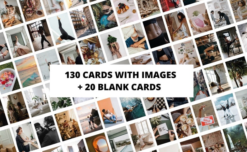 May include: A collection of 130 cards with images and 20 blank cards. The cards feature a variety of lifestyle and artistic photographs. The text "130 CARDS WITH IMAGES + 20 BLANK CARDS" is displayed in a white rectangle.