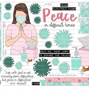 Könnte beinhalten: Digitale druckbare Aufkleber in einem hellrosa, türkis und grünen Farbschema. Die Aufkleber zeigen eine Frau mit einer Gesichtsmaske, die betet, eine Flasche Händedesinfektionsmittel, eine Schachtel Taschentücher und ein Zitat über Frieden in schwierigen Zeiten. Die Aufkleber enthalten auch den Text "Peace in difficult times" und "Help me, dear Lord, to endure the trials".