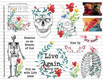 Dry Bones, Ezekiel, bible journaling, traçable, imprimable, foi, chrétien, autocollant, art