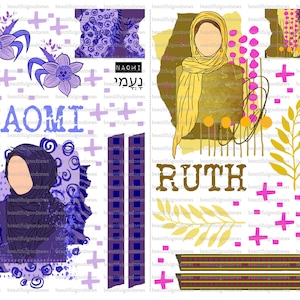 Mujeres de la Biblia Minis 7, Noemí y Rut, hermosas buenas noticias, diario bíblico, rastreable, imprimible, fe, cristiana, pegatina, arte