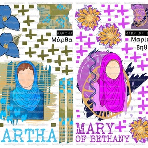 May include: Two digital art illustrations of women wearing headscarves. The first illustration is of Martha with a blue headscarf and the text "MARTHA" in blue letters. The second illustration is of Mary of Bethany with a pink headscarf and the text "MARY OF BETHANY" in black letters. Both illustrations have a colorful background with floral patterns.