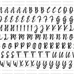 Op de afbeelding: Een zwart-wit alfabetlettertype in handschrift. Elke letter wordt meerdere keren in een raster weergegeven.