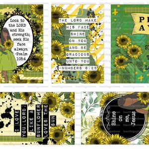 May include: Four printable cards with inspirational quotes and sunflower designs. The cards feature a green, yellow, and black color scheme. The quotes include "Look to the Lord and His strength; seek His face always - Psalm 105:4", "The Lord make His face shine on you and be gracious unto you - Numbers 6:25", "Pray Seek the Lord", and "I love you Lord, like a sunflower loves the sun".