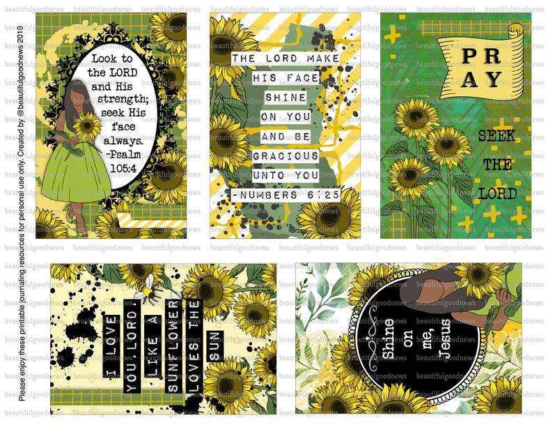 May include: Four printable cards with inspirational quotes and sunflower designs. The cards feature a green, yellow, and black color scheme. The quotes include "Look to the Lord and His strength; seek His face always - Psalm 105:4", "The Lord make His face shine on you and be gracious unto you - Numbers 6:25", "Pray Seek the Lord", and "I love you Lord, like a sunflower loves the sun".