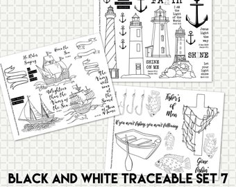 Black and White Bible Journaling Traceable Set 7, beautifulgoodnews, Sea Ruler, Lighthouses, Fishers of Men, Trace Your Faith, bible art