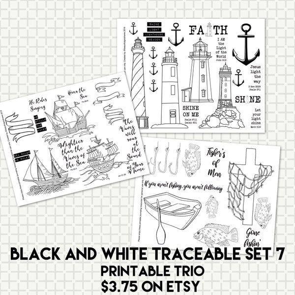 Black and White Bible Journaling Traceable Set 7, beautifulgoodnews, Sea Ruler, Lighthouses, Fishers of Men, Trace Your Faith, bible art