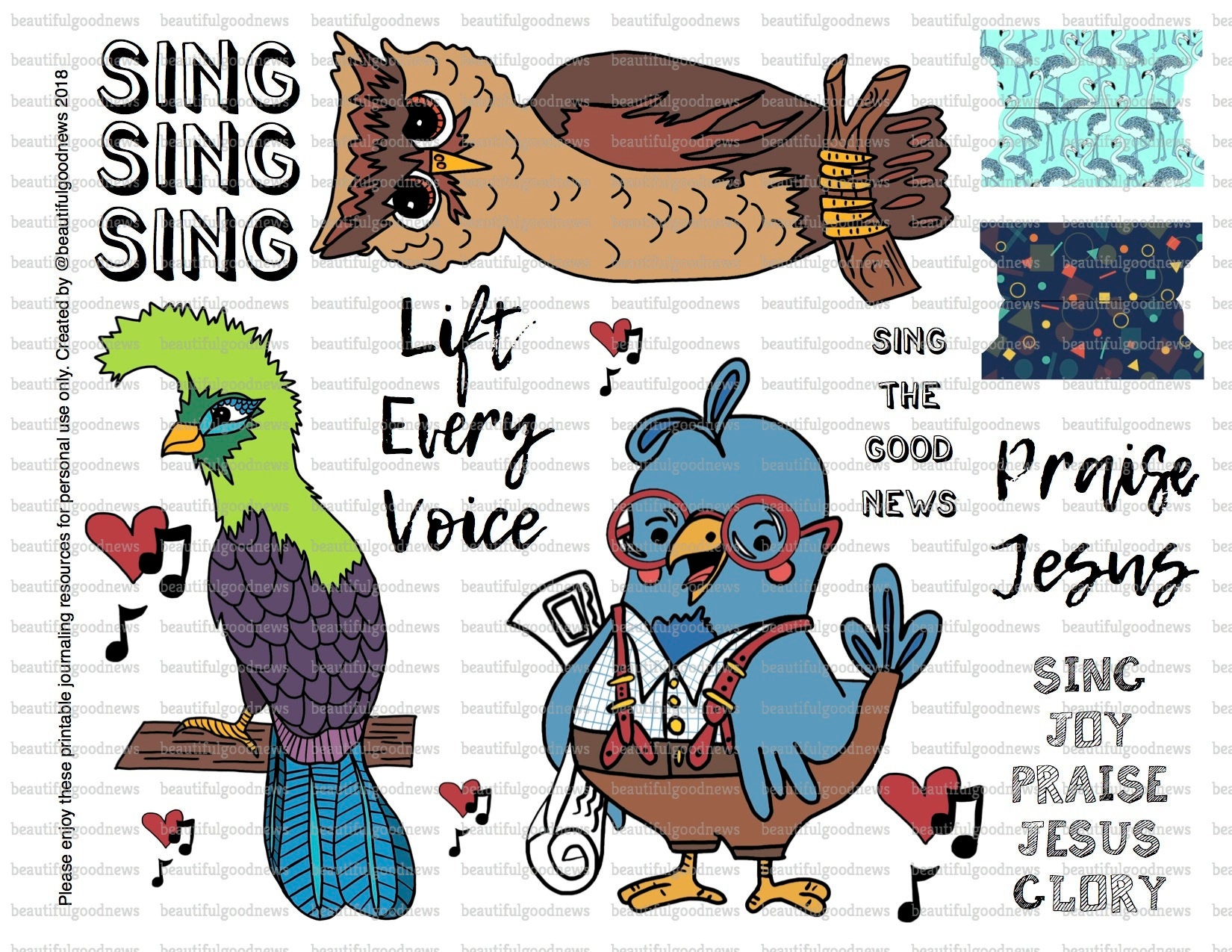 Bird, owl, parrot, tweet, sing, praise jesus, music, notes, bible journaling, traceable, printable,