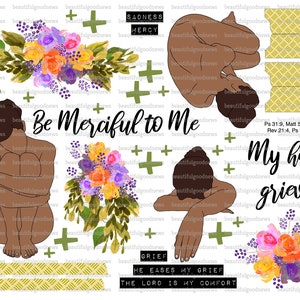 Op de afbeelding: Een digitale printbare journal-bron met de quote "Wees genadig tegen mij" en de quote "Mijn hart rouwt". De afbeelding bevat ook een bloemenboeket, een vrouw in zittende houding en een vrouw in liggende houding. De afbeelding bevat bijbelverzen.