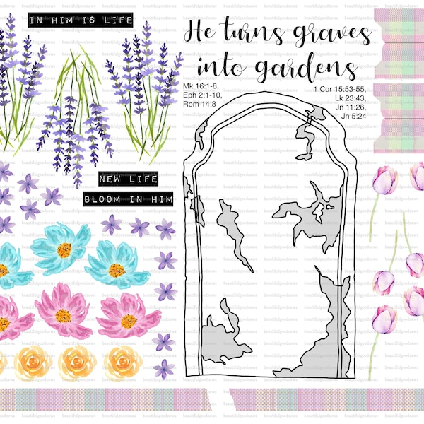 Graves to Gardens, Easter, beautifulgoodnews, bible journaling, traceable, printable, faith, christian, sticker, art