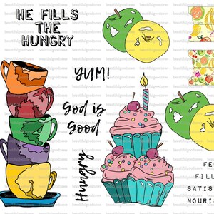 Voedsel, cupcakes, kopjes, appels, hongerig, lekker, jammie, kunst, bijbeljournaal, traceerbaar, afdrukbaar