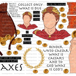 Op de afbeelding: Een printbare religieuze illustratie met de tekst "Collect Only What Is Due" en "Give To Caesar" met een afbeelding van een man in een rode mantel en een kroon van bladeren. De illustratie bevat ook een zak met munten, een hand die een munt vasthoudt en de tekst "Render Unto Caesar What Is Caesar's And To God What Is God's".
