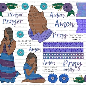 May include: A set of printable digital stickers with a religious theme. The stickers feature illustrations of praying hands, women praying, and flowers. The stickers also include text such as "Amen", "Pray", and "Prayer".