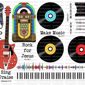 Rock voor Jezus, muziek maken, lof zingen, bijbeljournaling, traceerbaar, afdrukbaar, geloof, christelijk, sticker, kunst