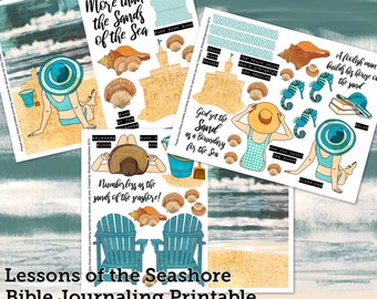 May include: A printable set of Bible journaling stickers featuring illustrations of seashells, sandcastles, and people on the beach. The text "More than the Sands of the Sea" and "God set the Sand as a Boundary for the Sea" are included. The printable is titled "Lessons of the Seashore Bible Journaling Printable £4.50 on Etsy".