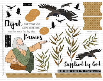 Elijah and the Ravens, bible journaling, printable, faith, christian, sticker, art