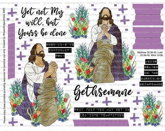 May include: A digital illustration of Jesus praying in the Garden of Gethsemane. The image features a man kneeling with his hands clasped in prayer. The text "Yet not My will, but Yours be done" is written above the image. The text "When life is difficult, pray" is written in the upper right corner. The text "Matthew 26:36-50, Luke 22:39-46, Mark 14:36" is written in the lower right corner. The text "Jesus Prayed in the Garden of Gethsemane" is written below the image. The text "Gethsemane" is written in large letters below the image. The text "Pray that you may not be led into temptation" is written below the image.